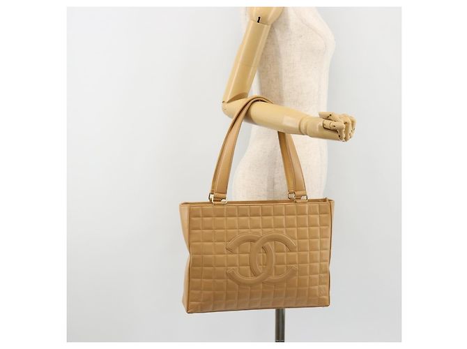 CHANEL Choco Bar Tote Bag Lammleder Beige Gold CC Auth BA13309 Golden - Ansicht 23