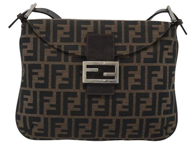 FENDI Zucca Canvas Mamma Baguette Shoulder Bag Black Brown Auth 185075V Marrone Nero - vista 13