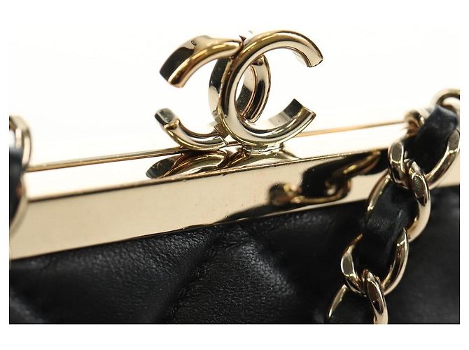 CHANEL Pochette à bandoulière Chain Evening Bag en peau d'agneau Noir Or CC Auth 184385SV Doré - vue 16