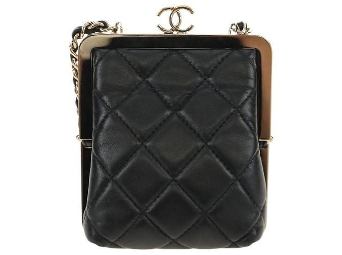 CHANEL Pochette à bandoulière Chain Evening Bag en peau d'agneau Noir Or CC Auth 184385SV Doré - vue 2