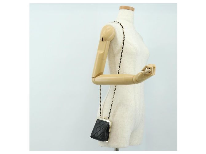 CHANEL Pochette à bandoulière Chain Evening Bag en peau d'agneau Noir Or CC Auth 184385SV Doré - vue 23