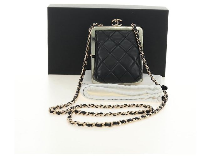 CHANEL Pochette à bandoulière Chain Evening Bag en peau d'agneau Noir Or CC Auth 184385SV Doré - vue 24