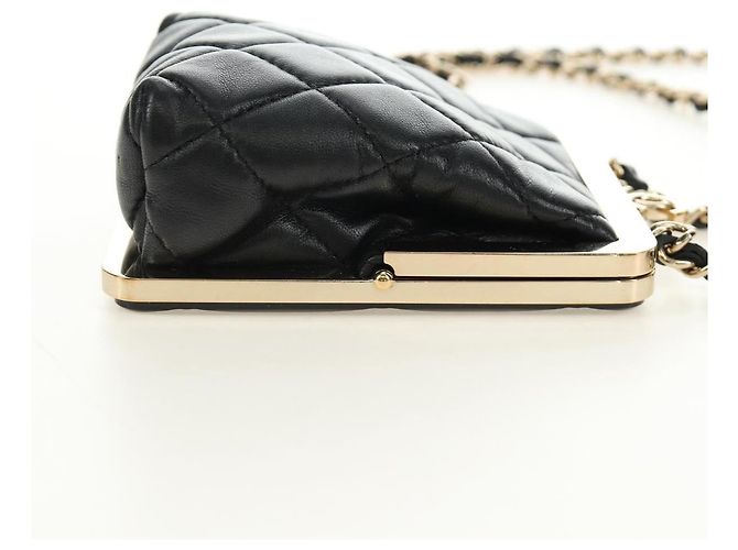 CHANEL Pochette à bandoulière Chain Evening Bag en peau d'agneau Noir Or CC Auth 184385SV Doré - vue 5