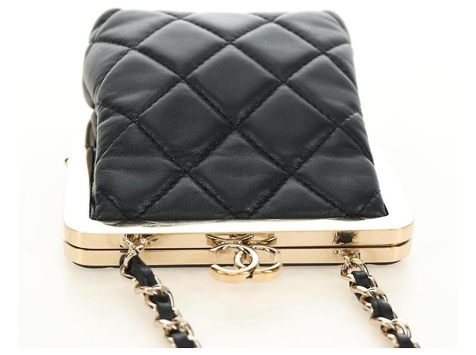 CHANEL Pochette à bandoulière Chain Evening Bag en peau d'agneau Noir Or CC Auth 184385SV Doré - vue 6