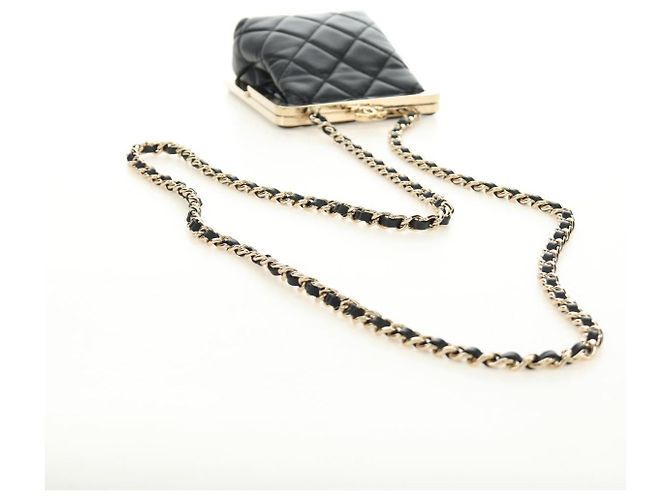 CHANEL Pochette à bandoulière Chain Evening Bag en peau d'agneau Noir Or CC Auth 184385SV Doré - vue 7