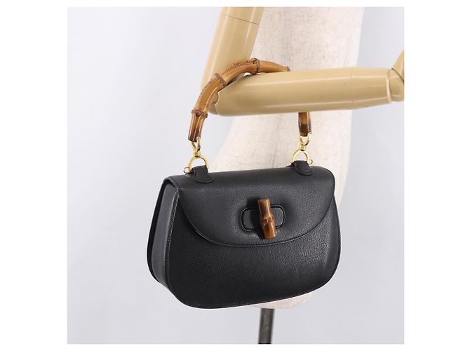 Borsa a mano GUCCI Bamboo in pelle nera e oro Auth 183361V Nero D'oro - vista 25
