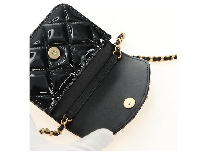 CHANEL Matelasse Chain Shoulder Bag Patent leather Black Gold CC Auth 184590SAM Nero D'oro - vista 9