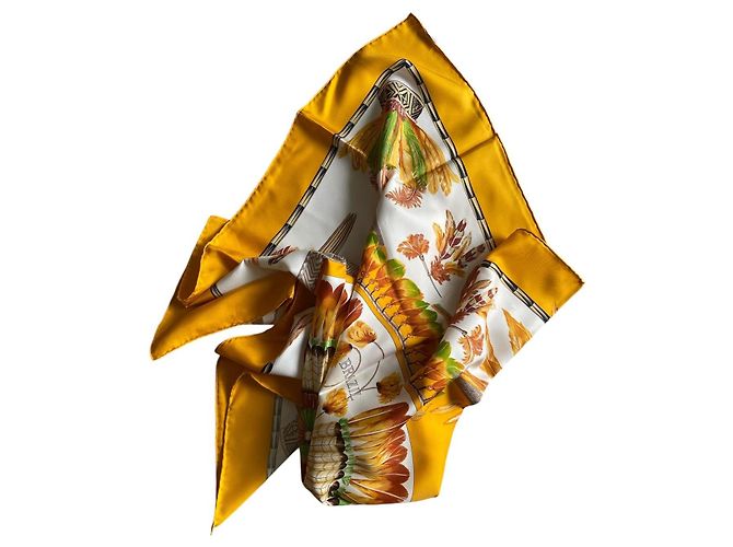 Hermès "Brésil" Sciarpa in seta 90x90 Marrone Bianco Rosso Verde Giallo - vista 11