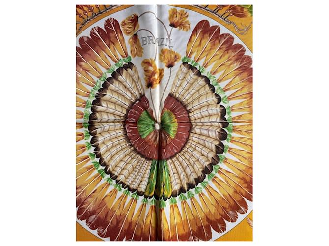 Hermès "Brésil" Sciarpa in seta 90x90 Marrone Bianco Rosso Verde Giallo - vista 3