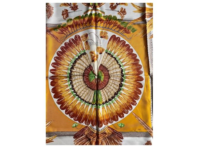 Hermès "Brésil" Sciarpa in seta 90x90 Marrone Bianco Rosso Verde Giallo - vista 4