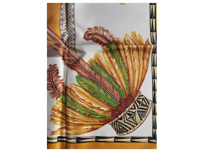 Hermès "Brésil" Sciarpa in seta 90x90 Marrone Bianco Rosso Verde Giallo - vista 6