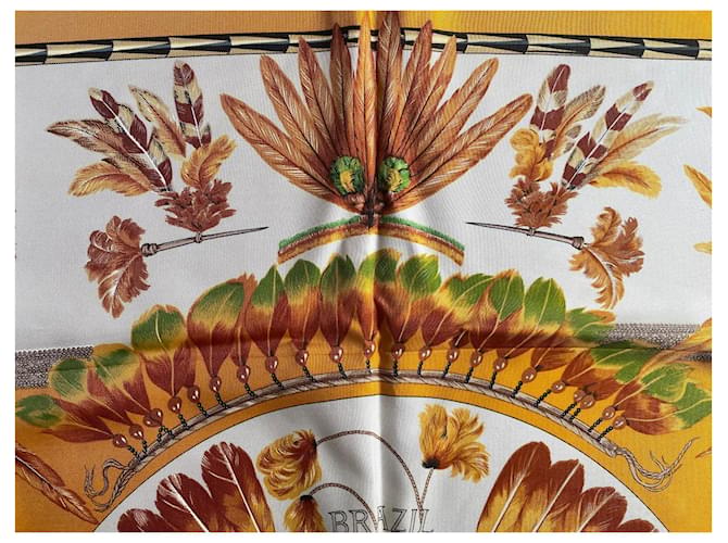 Hermès "Brésil" Sciarpa in seta 90x90 Marrone Bianco Rosso Verde Giallo - vista 8