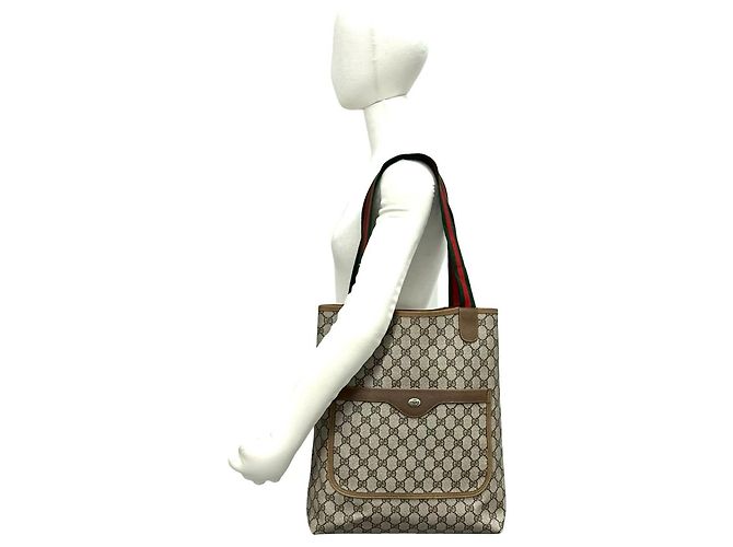 Borsa Tote Gucci Vintage Sherry Line GG Logo Marrone Rosso Verde - vista 2