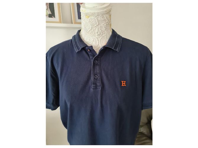 Hermès Polo in cotone blu navy con logo H arancione Blu scuro - vista 2