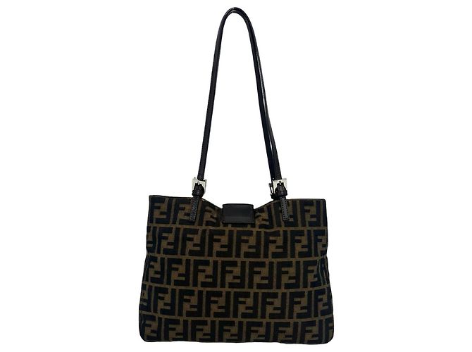 FENDI Vintage Zucca FF Pattern Canvas Leather Schultertasche Braun Schwarz - Ansicht 3