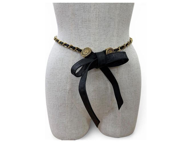Timeless CHANEL Vintage C107 Coco Mark Chain Leather Ribbon Belt Gürtel Schwarz - Ansicht 5