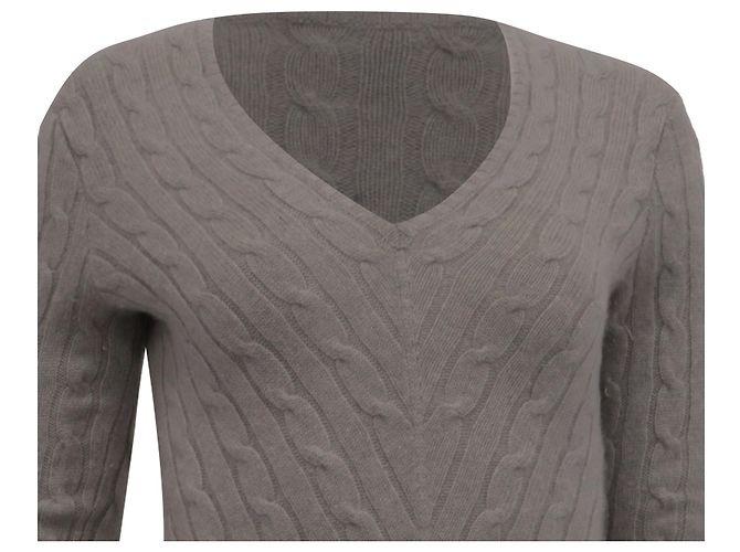 Ralph Lauren Strickpullover mit V-Ausschnitt aus hellgrauem Kaschmir mit Zopfmuster - Ansicht 2