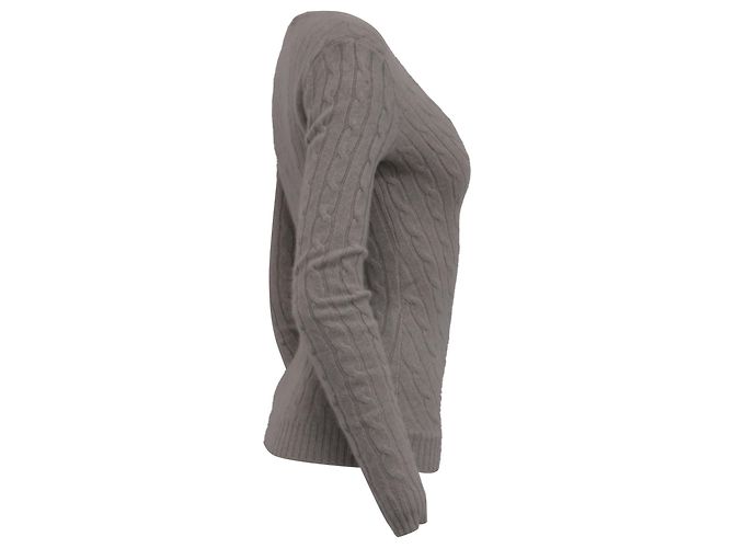Ralph Lauren Strickpullover mit V-Ausschnitt aus hellgrauem Kaschmir mit Zopfmuster - Ansicht 3