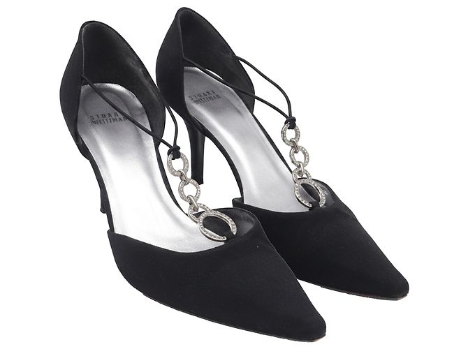 Stuart Weitzman Verzierte T-Riemen D'Orsay Pumps aus schwarzem Satin - Ansicht 3
