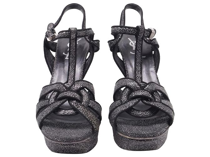 Yves Saint Laurent Sandali con plateau glitterati Tribute di Saint Laurent in scamosciato nero - vista 2