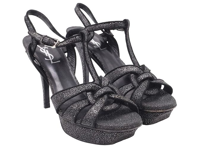 Yves Saint Laurent Sandali con plateau glitterati Tribute di Saint Laurent in scamosciato nero - vista 3