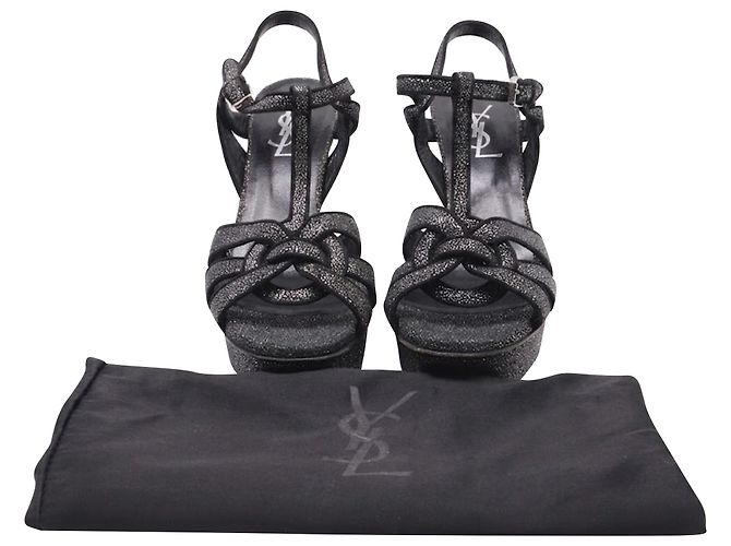 Yves Saint Laurent Sandali con plateau glitterati Tribute di Saint Laurent in scamosciato nero - vista 6