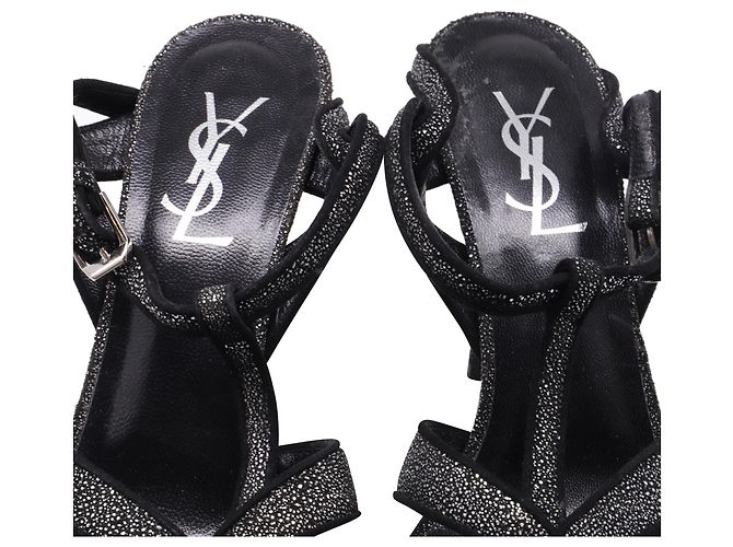 Yves Saint Laurent Sandali con plateau glitterati Tribute di Saint Laurent in scamosciato nero - vista 7