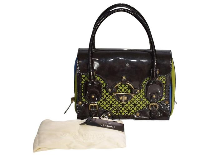 Gianni Versace Couture Carla Handtasche - Wildleder & Lackleder Braun Blau Grün Lila - Ansicht 14