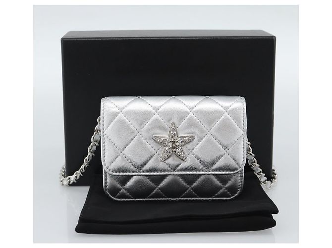 CHANEL Borsa a Spalla Matelasse con Catena in Pelle di Agnello Silver CC Auth 184788SAM Argento - vista 12