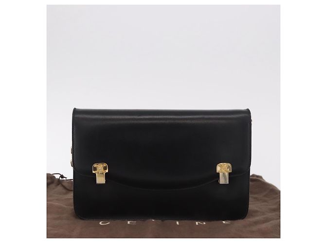 Céline Borsa a Spalla con Catena CELINE in Pelle Nera e Oro Auth 185136V Nero D'oro - vista 12