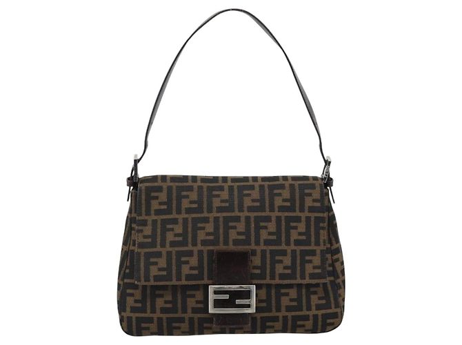 FENDI Zucca Canvas Mamma Baguette Shoulder Bag Black Brown Auth 185374V Marrone Nero - vista 13