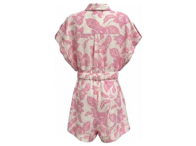 Tuta in lino Zimmermann con stampa tropicale rosa e bianca e polsini a campana - vista 3
