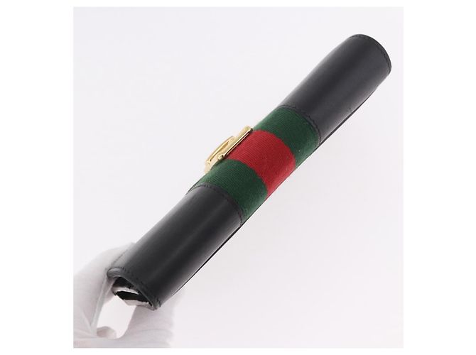 GUCCI Silvi Web Sherry Line Long Wallet Leather Black Red 476084 Auth am11867V Nero Rosso Verde - vista 5