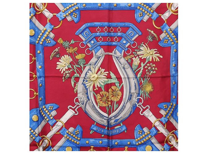 Hermès HERMES Carré 90 Sciarpa "aux champs" Seta Rossa Auth 183130 Rosso - vista 6