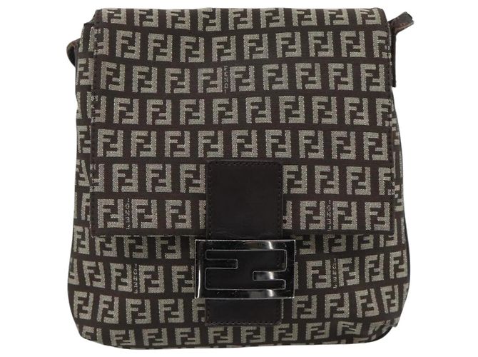 Borsa a Spalla FENDI Zucchino Canvas Marrone Argento Auth 185660 - vista 13