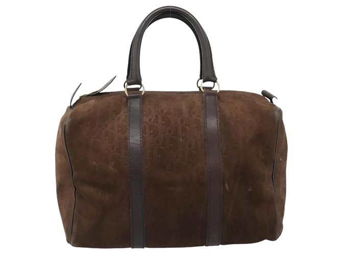 Borsa Boston Christian Dior Trotter Canvas Scamosciato Marrone Oro Auth ep14691 D'oro - vista 13