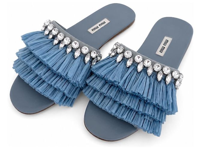 Miu Miu Sandali Rafia Cristalli Azzurro Polvere Blu - vista 2