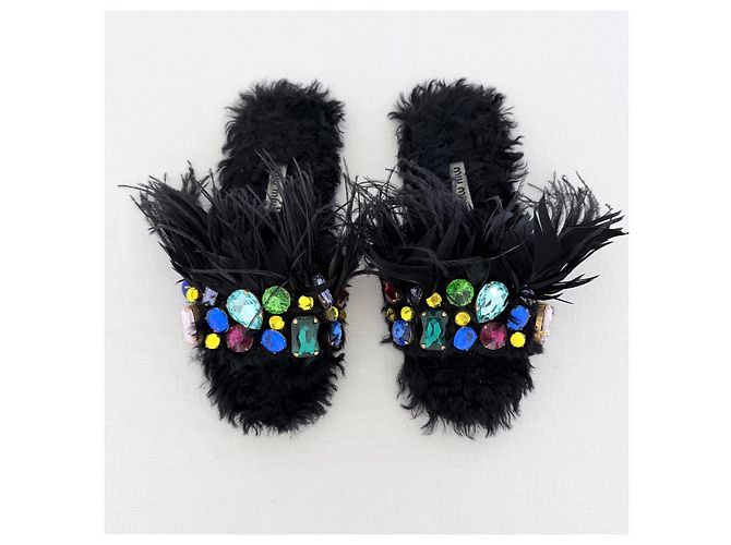 Miu Miu Resort 2017 Sandali piume e cristalli neri Nero Multicolore - vista 11