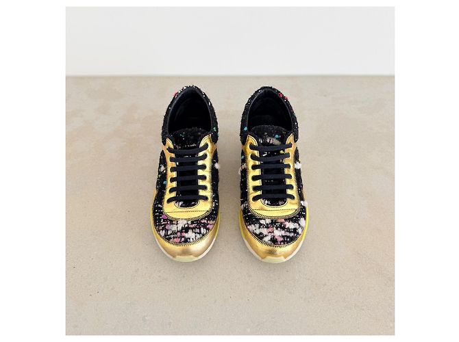 Chanel Sneakers Chunky in Tweed e Pelle Oro Nero Multicolore D'oro - vista 4