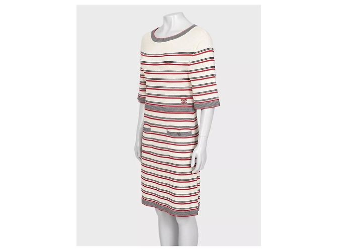 Chanel Kleid mit beige gestreiftem Print - Größe FR36/S gebraucht - Ansicht 2