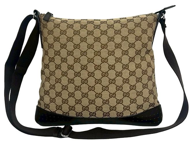 Bolsa de ombro GUCCI em lona monograma GG e couro perfurado Marrom Bege - vista 3