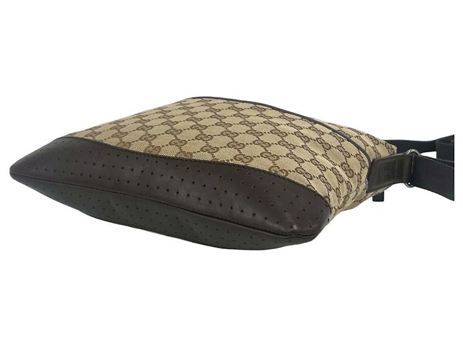 Bolsa de ombro GUCCI em lona monograma GG e couro perfurado Marrom Bege - vista 8