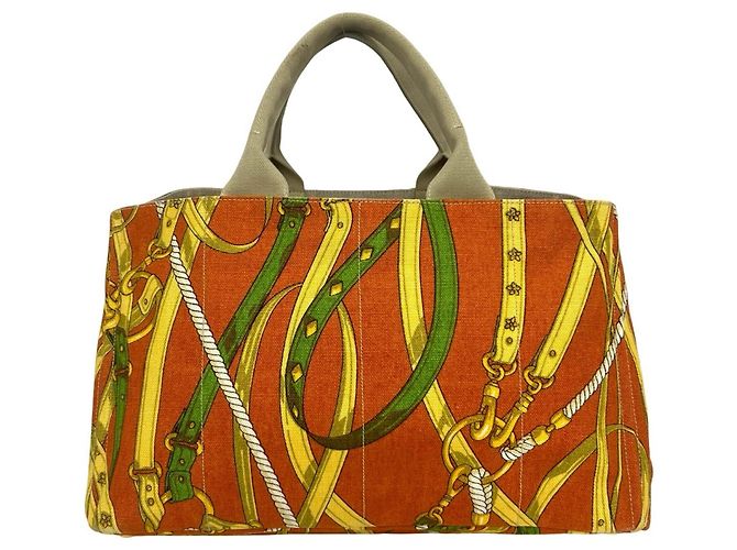 Borsa Tote in tela Prada Canapa con placca logo triangolare Beige Arancione - vista 3