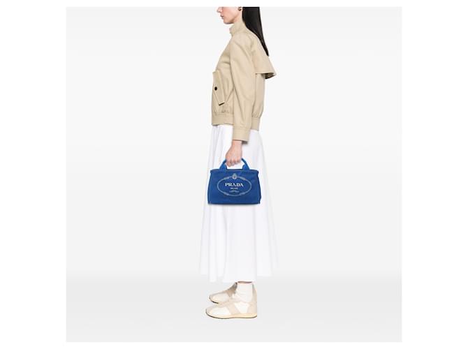 Borsa Prada Blue Small Canvas Canapa Logo - vista 6