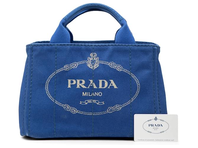 Borsa Prada Blue Small Canvas Canapa Logo - vista 7