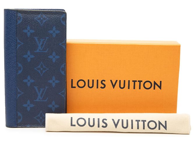Portefeuille long plié Louis Vuitton Blue Monogram Taigarama Brazza Bleu - vue 11