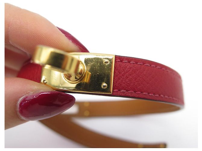 Hermès BRACCIALE HERMES KELLY DOUBLE TOUR IN PELLE SWIFT ROSSO H064642 S 16CM BANGLE - vista 14