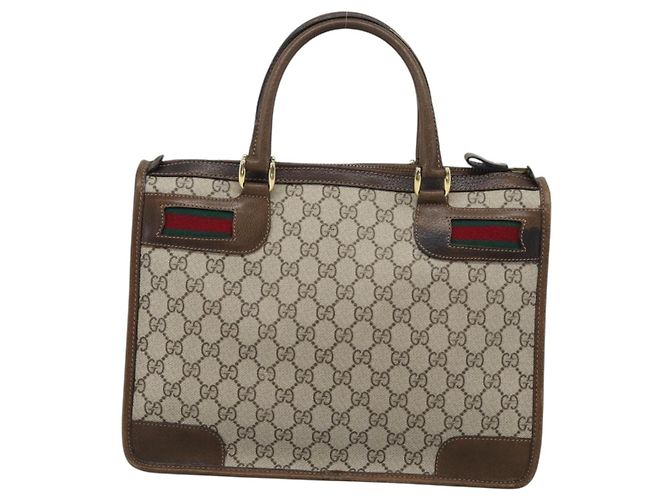 Borsa GUCCI GG Supreme Web Sherry Line PVC Beige Oro Auth 185508 D'oro - vista 2