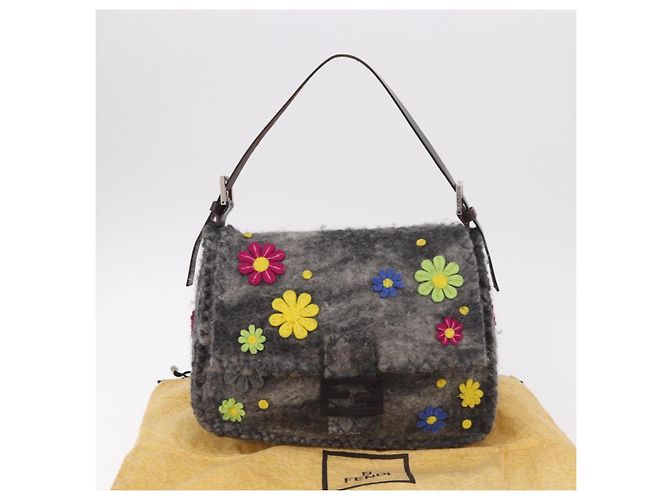 FENDI Borsa a tracolla Floral Mamma Baguette in feltro Grigio Argento Autentica 185390SAM Marrone - vista 12