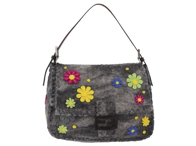 FENDI Borsa a tracolla Floral Mamma Baguette in feltro Grigio Argento Autentica 185390SAM Marrone - vista 13
